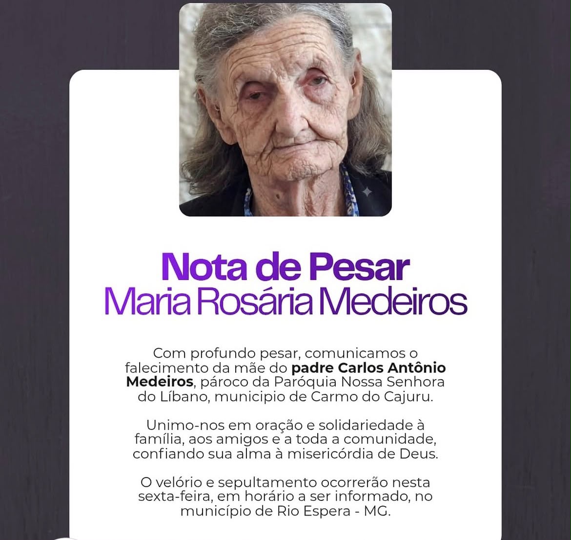 Foto de Diocese Informa o falecimento de Maria Rosária da Conceição mãe do padre Carlos Antônio
