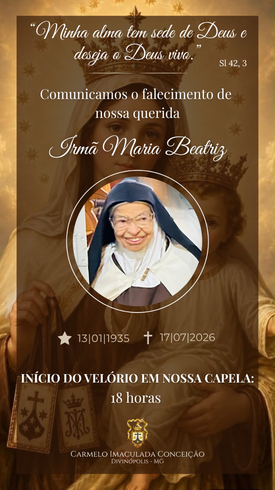 Notícia: Diocese comunica o falecimento da Irmã Maria Beatriz do Carmelo Imaculada Conceição em Divinópolis